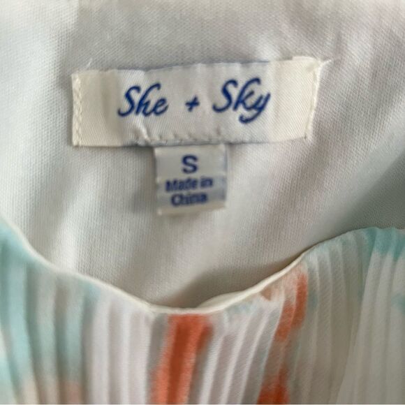 She + Sky Blue Orange Watercolor Pleated Spagetti Strap Tank Top Blouse - Picture 3 of 9